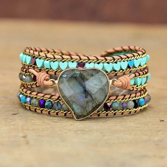 Heart Labradorite Hematite Bohemian Handmade Healing Chakra Women Bracelet Gifts - Picture 2 of 4